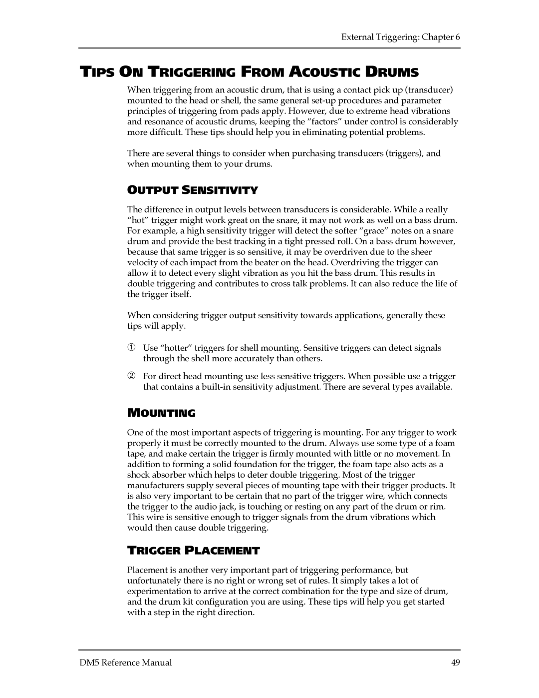 Alesis DM5 manual Tips on Triggering from Acoustic Drums, Output Sensitivity, Mounting, Trigger Placement 