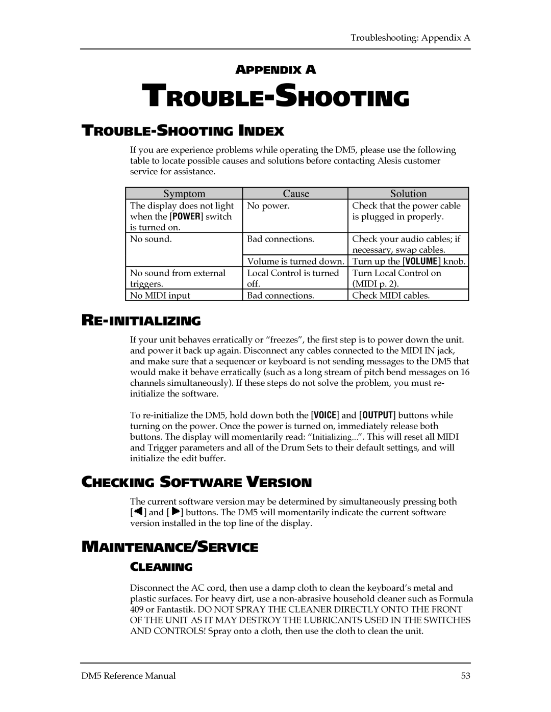 Alesis DM5 manual Trouble-Shooting, TROUBLE-SHOOTING Index, Re-Initializing, Checking Software Version, Maintenance/Service 