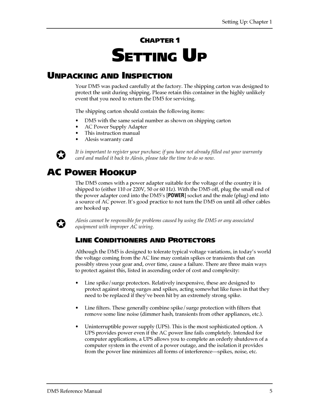 Alesis DM5 manual Setting UP, Unpacking and Inspection, AC Power Hookup, Chapter, Line Conditioners and Protectors 
