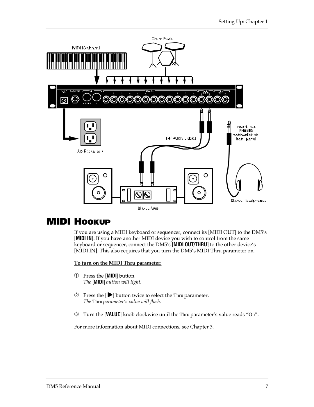 Alesis DM5 manual Midi Hookup, To turn on the Midi Thru parameter 