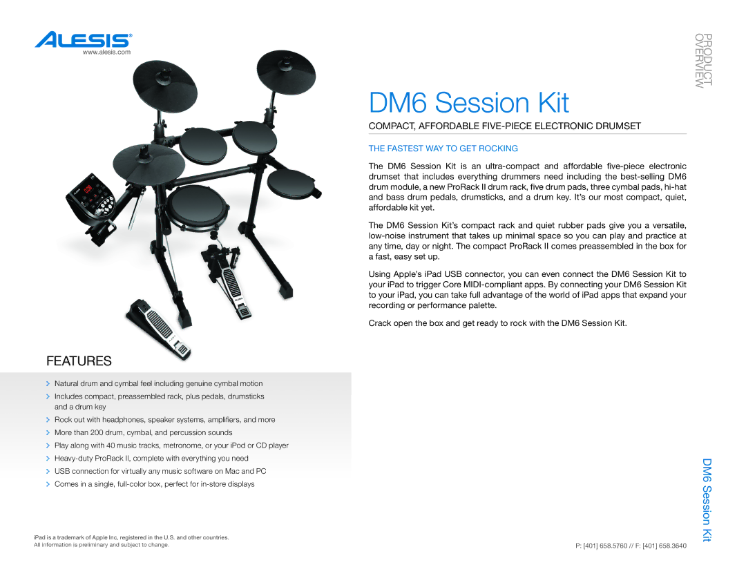 Alesis manual DM6 Session Kit, Features, Product, Compact, Affordable Five-Piece Electronic Drumset 