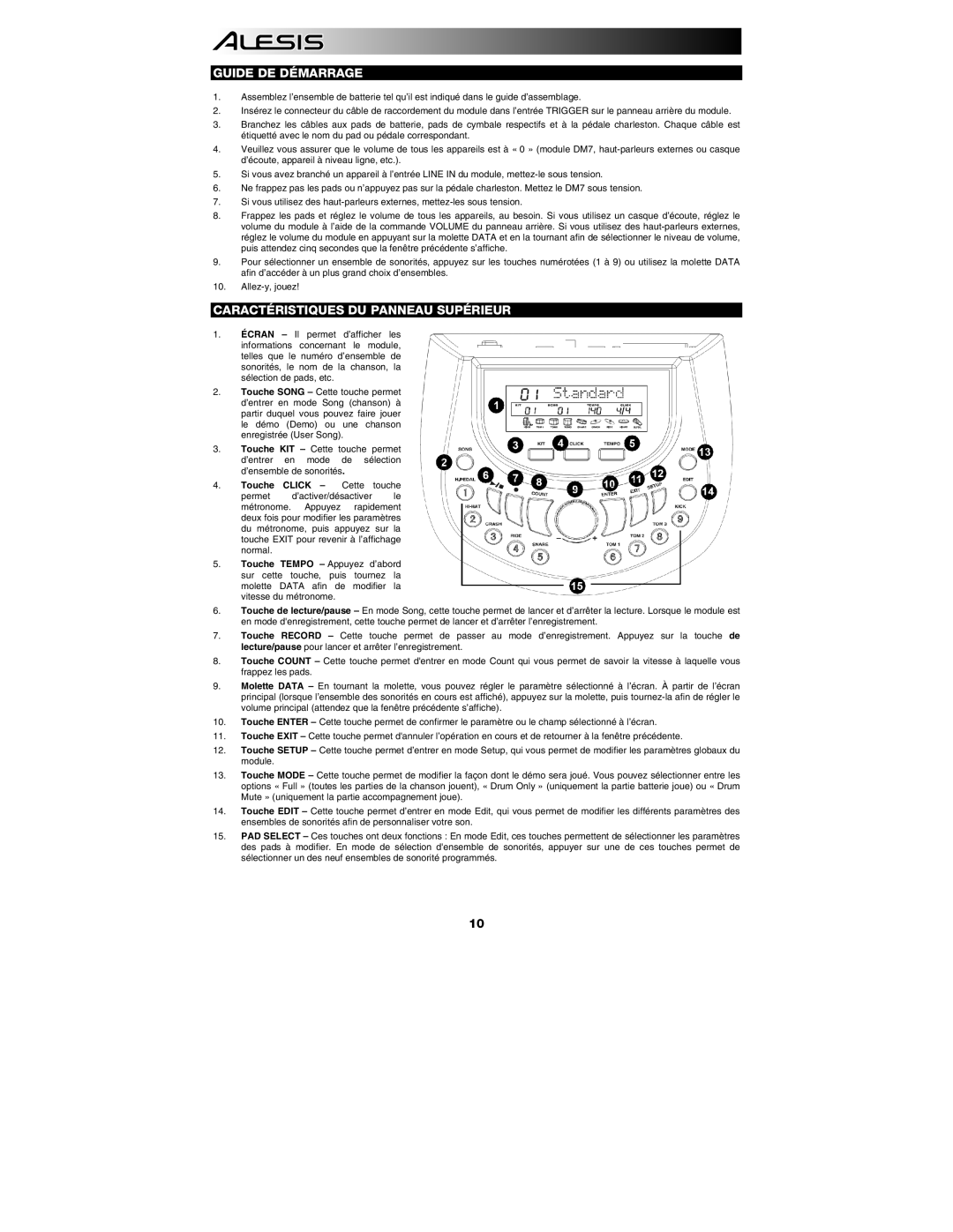 Alesis DM7 manual Guide DE Démarrage, Caractéristiques DU Panneau Supérieur, Touche Click Cette touche 