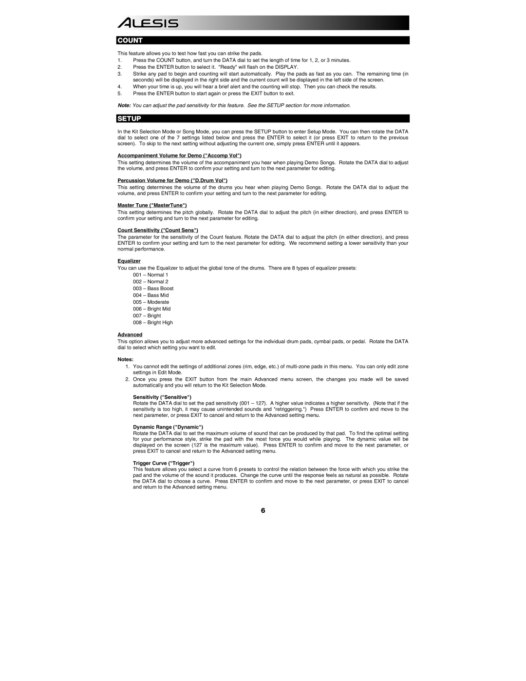 Alesis DM7 manual Count, Setup 