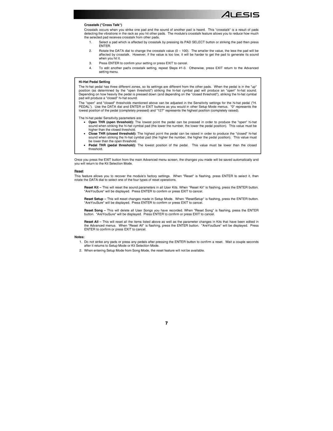 Alesis DM7 manual Crosstalk Cross Talk, Hi-Hat Pedal Setting, Reset 