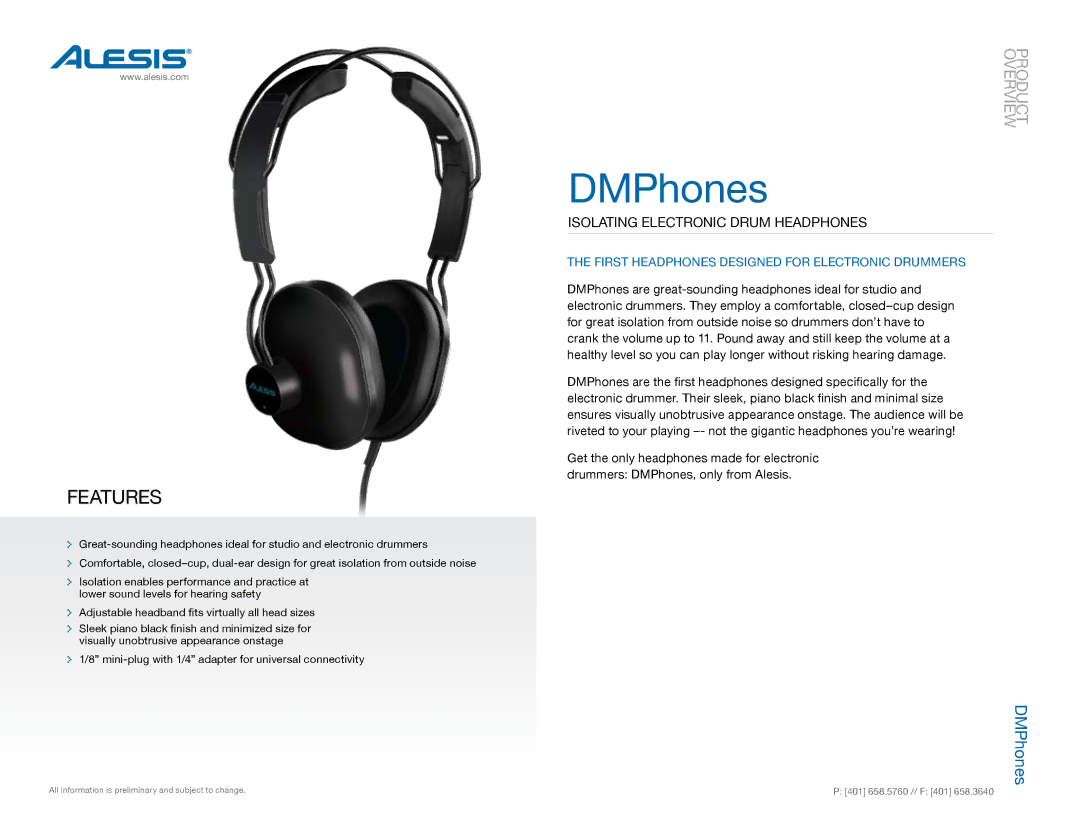 Alesis DMPhones manual Features, Isolating Electronic Drum Headphones, First headphones designed for electronic drummers 