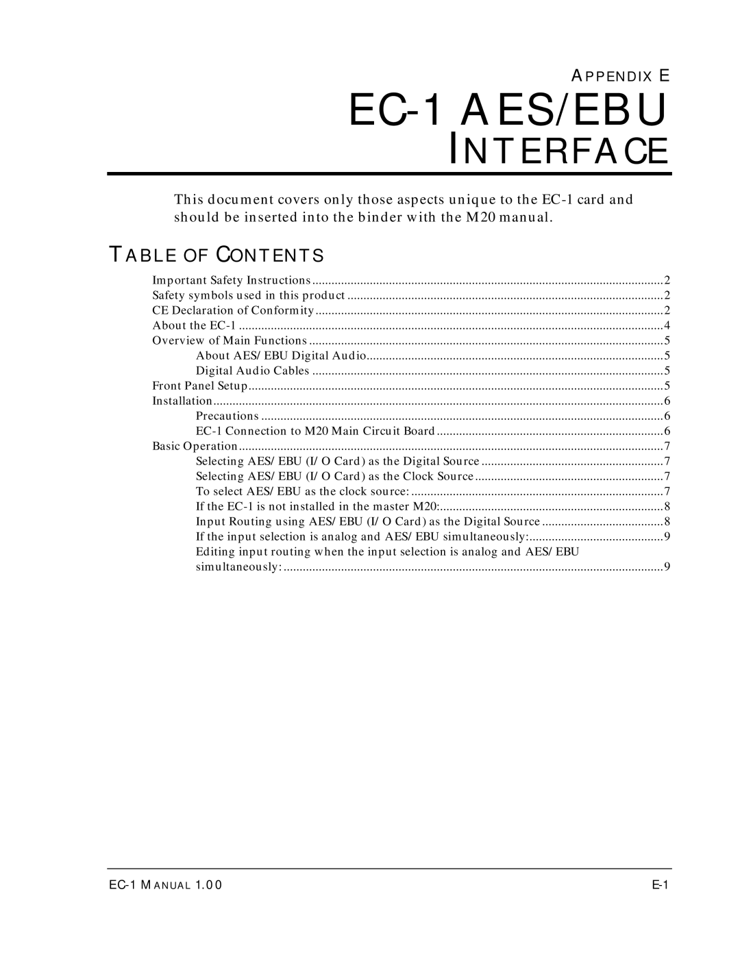 Alesis EC-1 A ES/EBU owner manual Interface, Table of Contents 