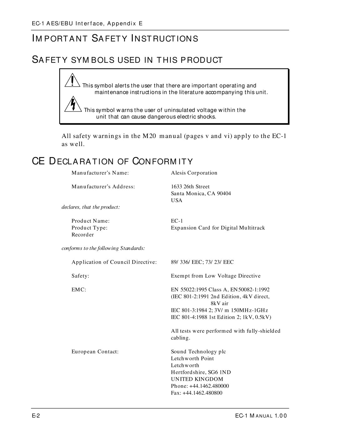 Alesis EC-1 A ES/EBU owner manual CE Declaration of Conformity, Emc 