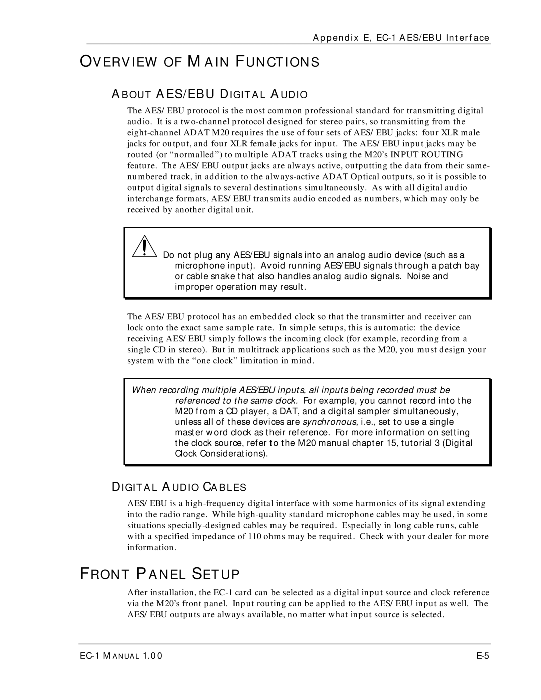 Alesis EC-1 A ES/EBU Overview of Main Functions, Front Panel Setup, About AES/EBU Digital Audio, Digital Audio Cables 