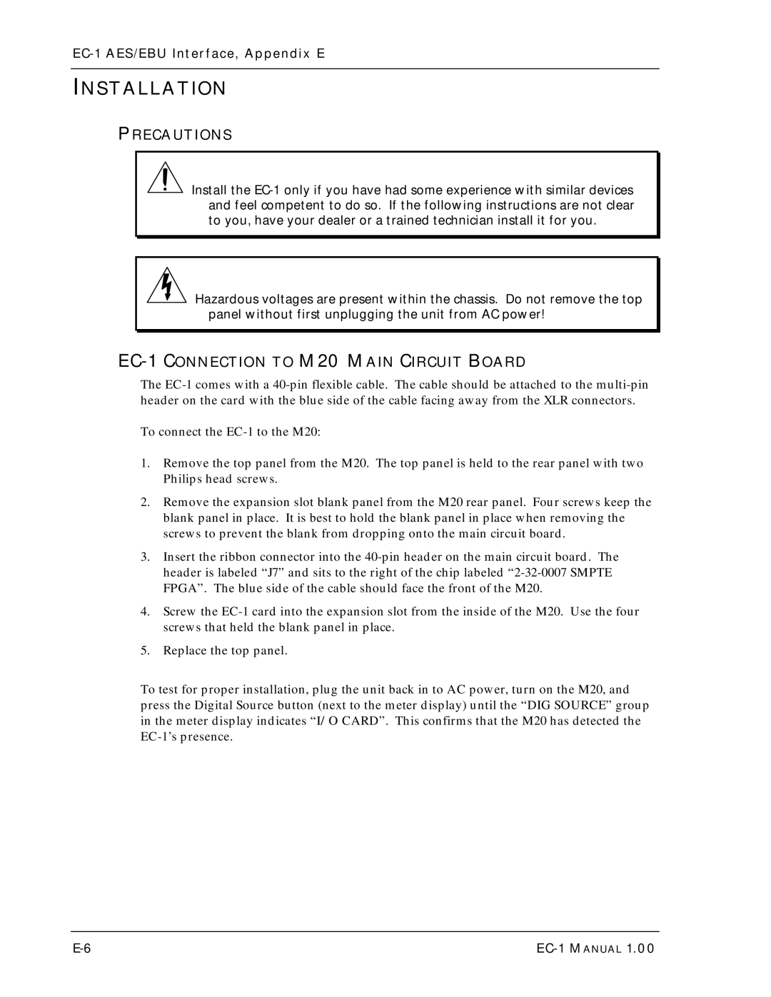 Alesis EC-1 A ES/EBU owner manual Installation, Precautions, EC-1 Connection to M20 Main Circuit Board 