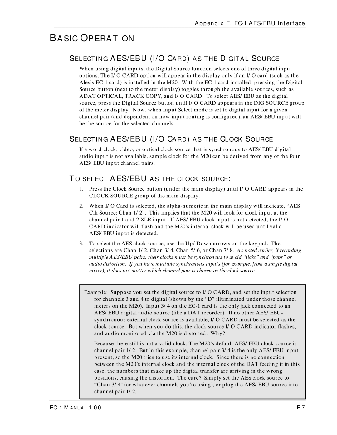 Alesis EC-1 A ES/EBU owner manual Basic Operation, Selecting AES/EBU I/O Card AS the Digital Source 