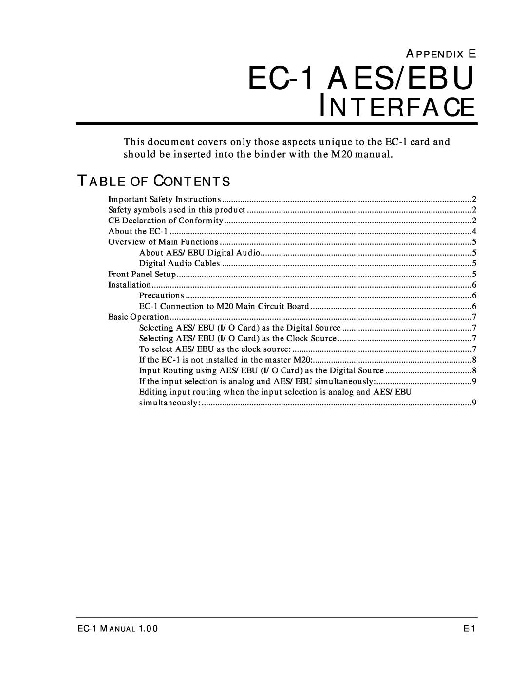 Alesis EC-1 A ES/EBU Interface, Table Of Contents, This document covers only those aspects unique to the EC-1 card and 