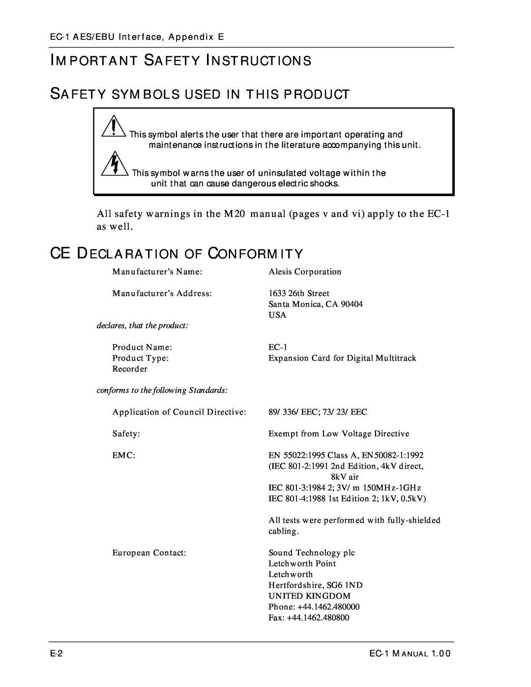 Alesis EC-1 A ES/EBU Important Safety Instructions Safety Symbols Used In This Product, Ce Declaration Of Conformity 