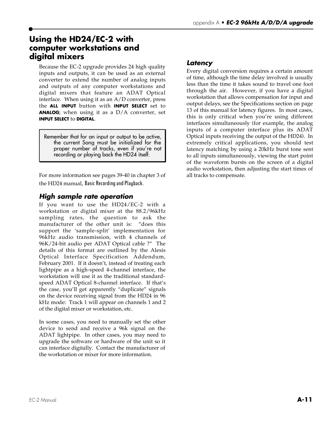 Alesis EC-2 owner manual High sample rate operation, Latency 