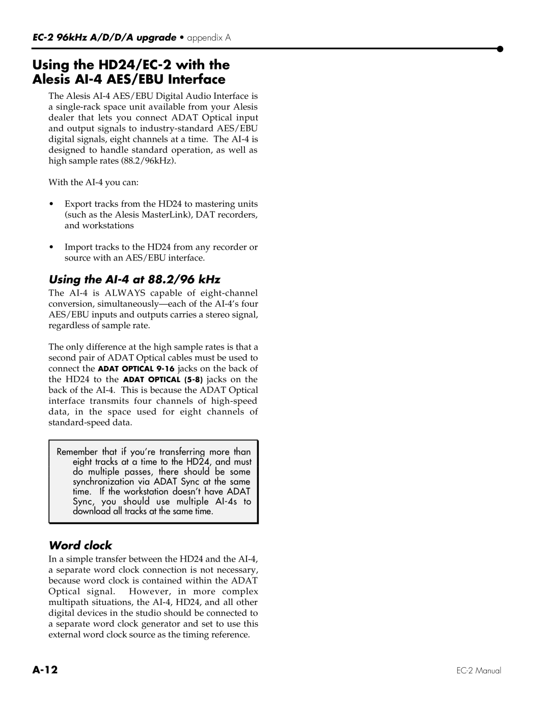 Alesis Using the HD24/EC-2 with the Alesis AI-4 AES/EBU Interface, Using the AI-4 at 88.2/96 kHz, Word clock 