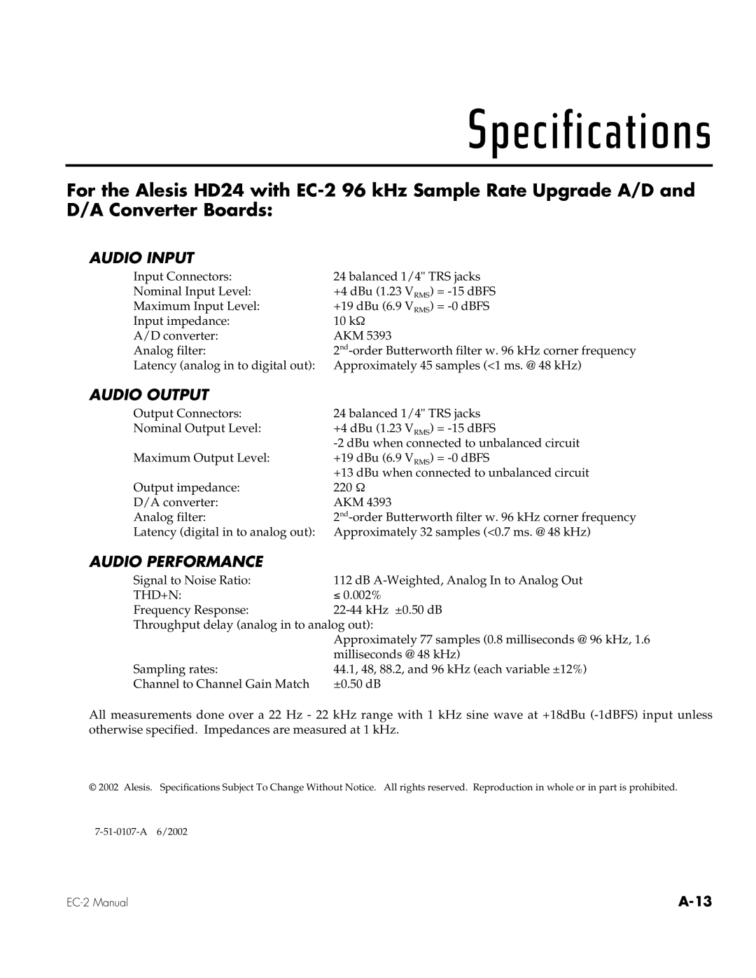 Alesis EC-2 owner manual Specifications 