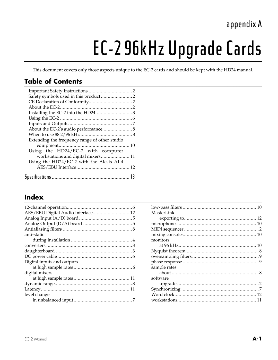 Alesis EC-2 owner manual Table of Contents, Index 