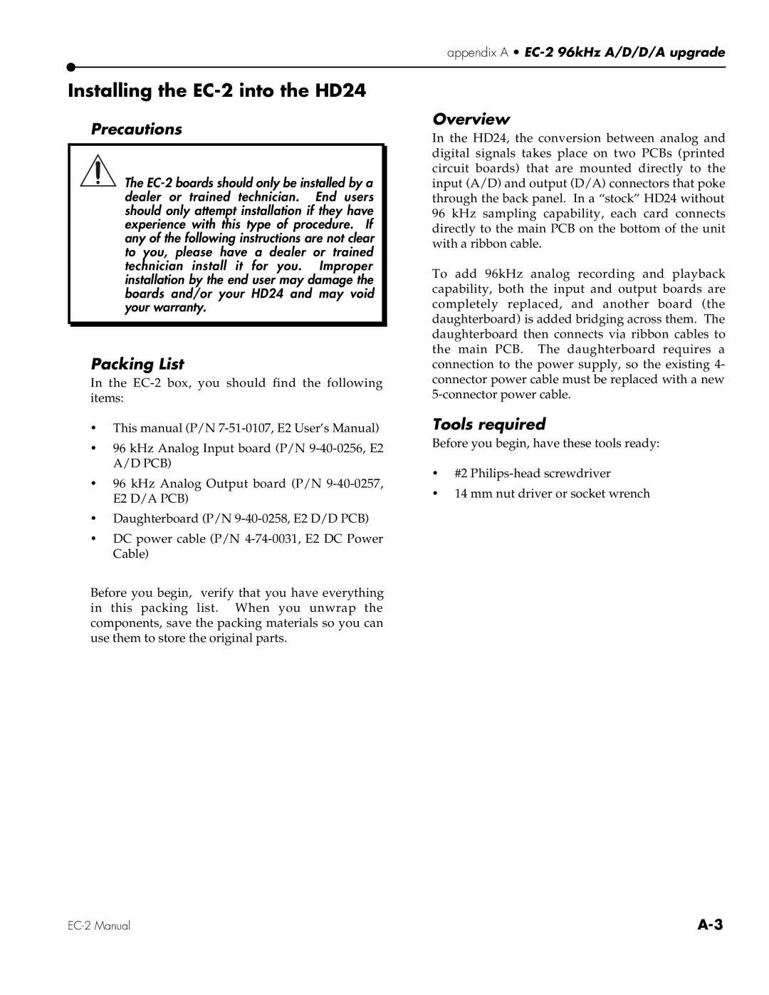 Alesis owner manual Installing the EC-2 into the HD24, Precautions, Packing List, Overview, Tools required 