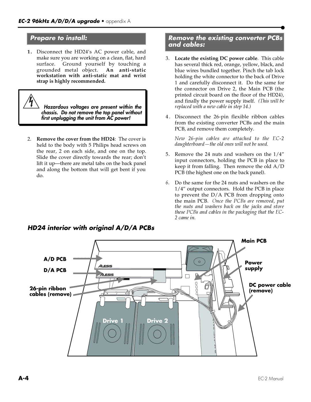 Alesis EC-2 Prepare to install, HD24 interior with original A/D/A PCBs, Remove the existing converter PCBs and cables 