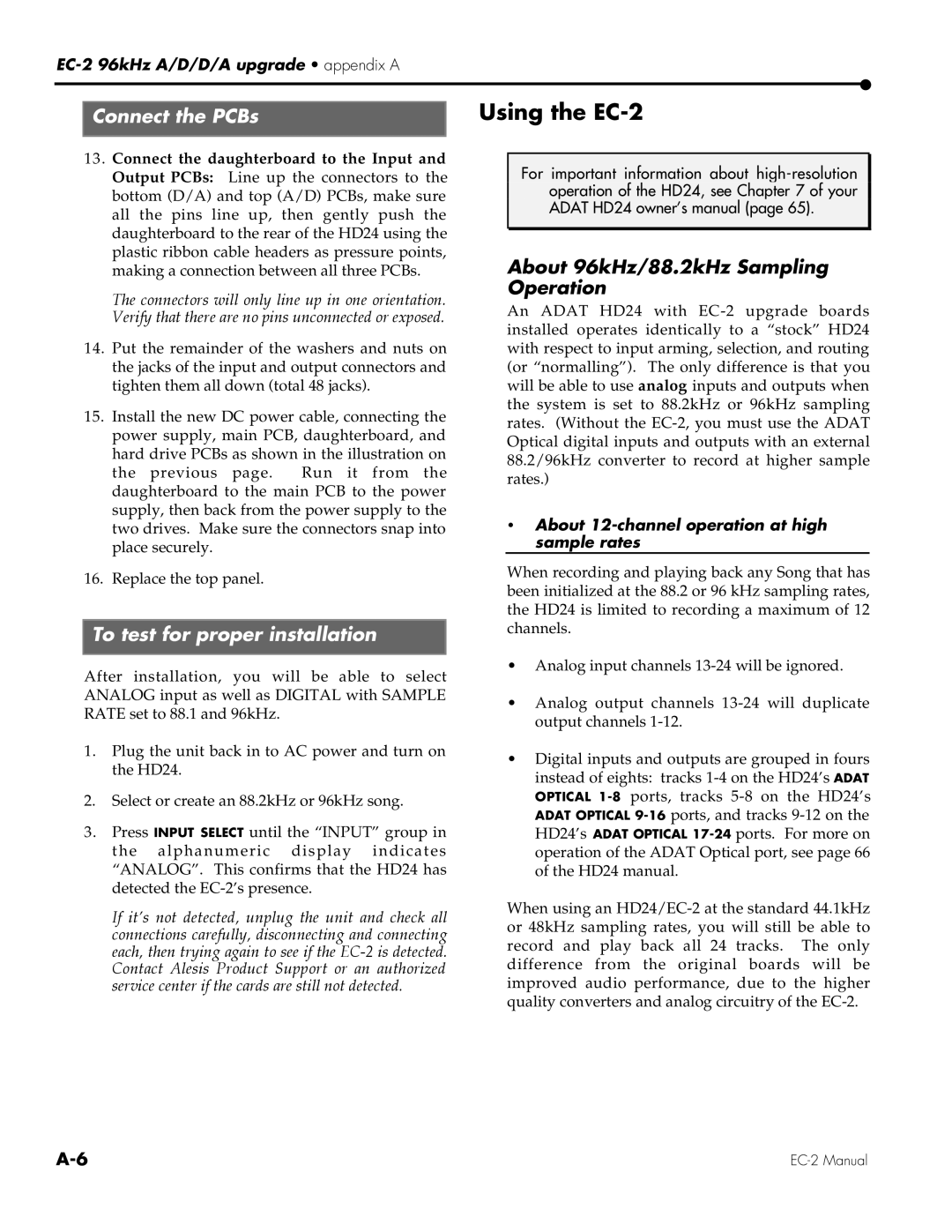 Alesis Using the EC-2, Connect the PCBs, To test for proper installation, About 96kHz/88.2kHz Sampling Operation 