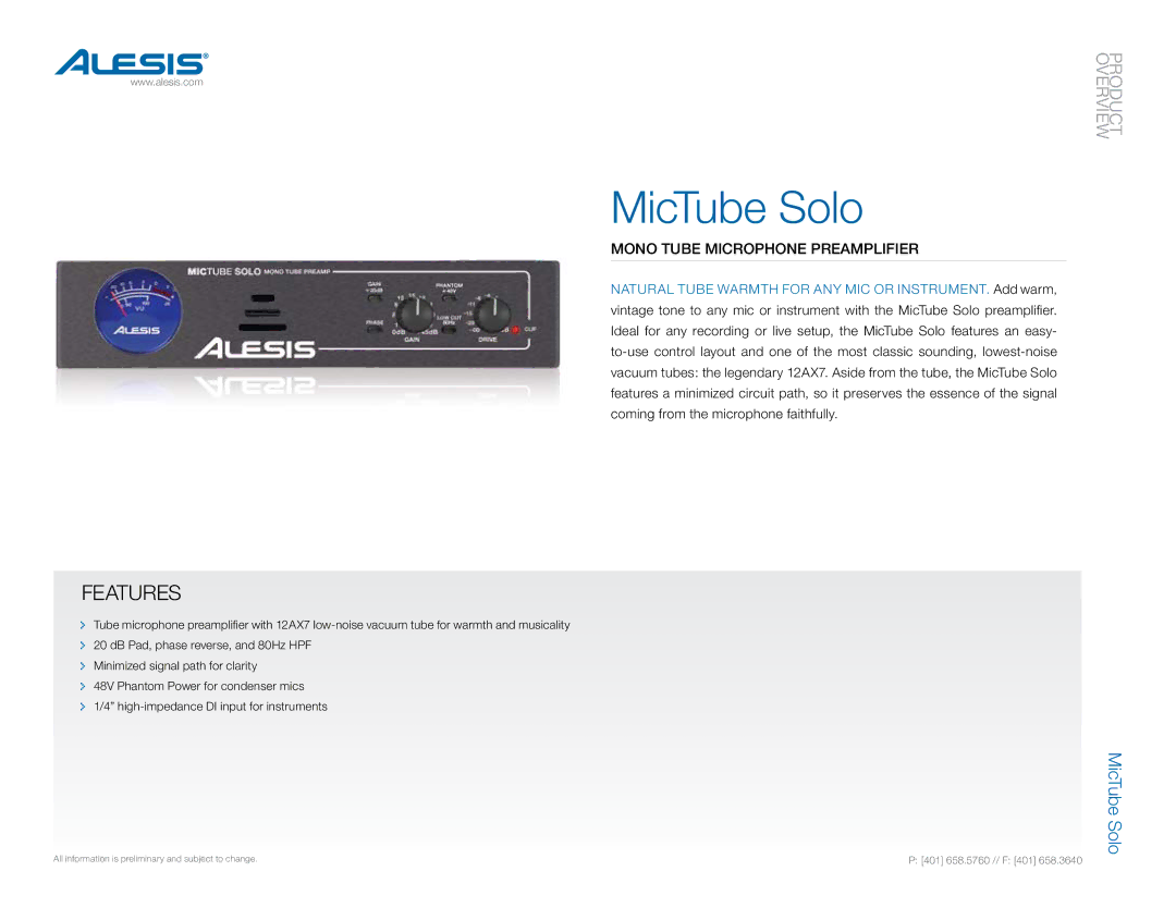 Alesis P: [401] 658.5760, F: [401] 658.3640 manual MicTube Solo, Features, Mono Tube Microphone Preamplifier 