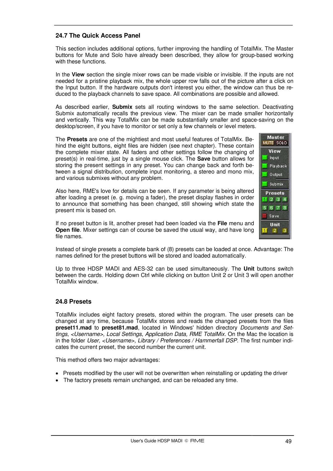 Alesis Hammerfall DSP System manual Quick Access Panel, Presets 