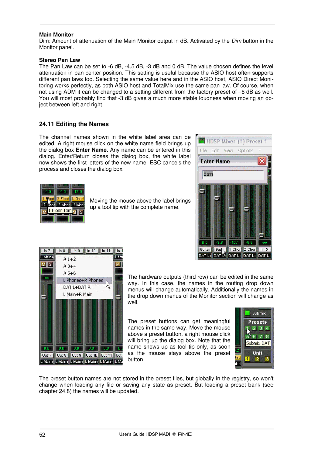 Alesis Hammerfall DSP System manual Editing the Names, Main Monitor, Stereo Pan Law 