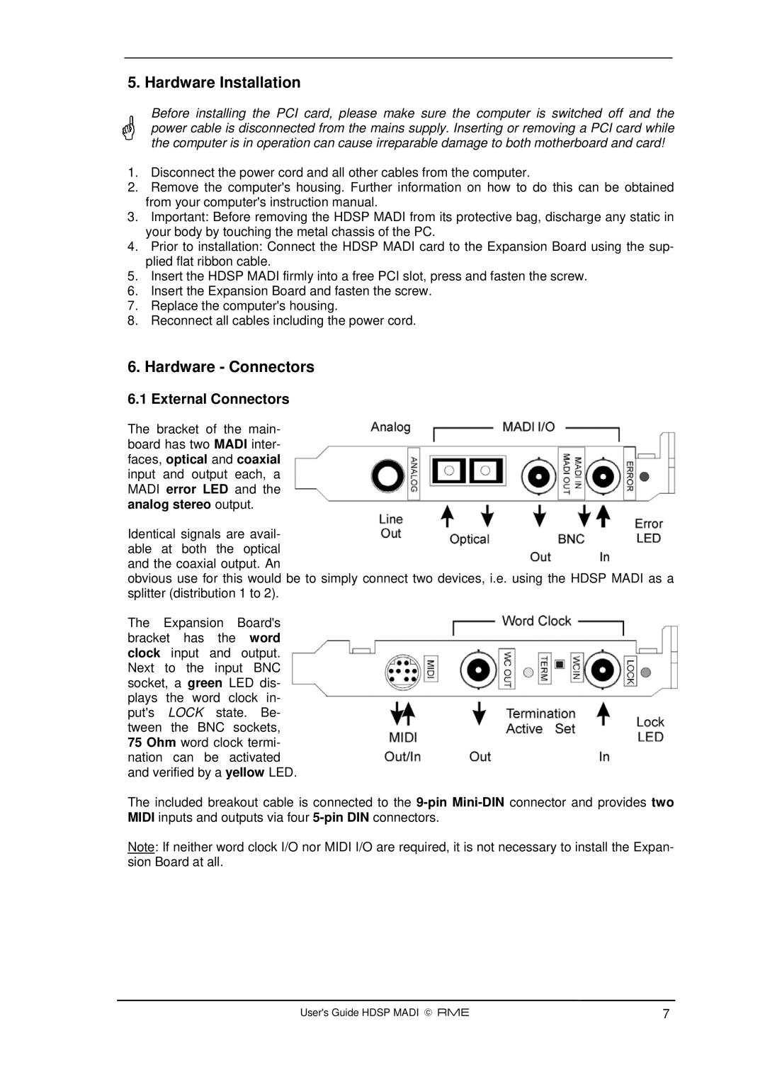 Alesis Hammerfall DSP System manual Hardware Installation, Hardware Connectors, External Connectors 