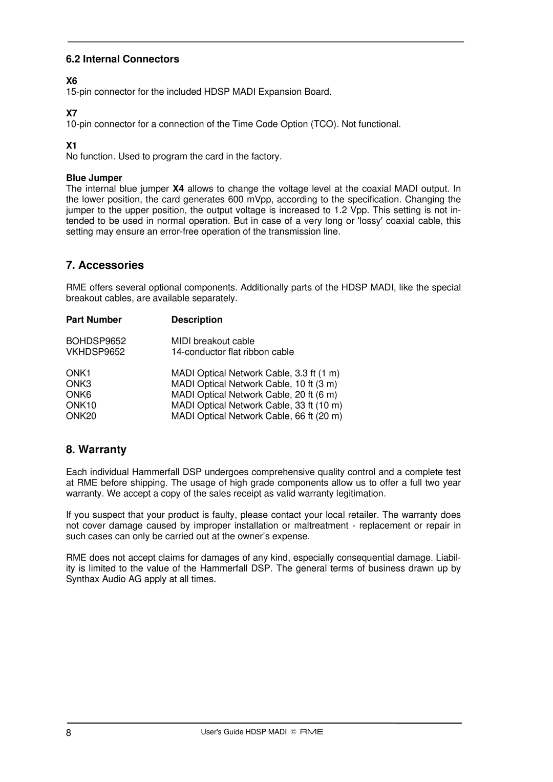 Alesis Hammerfall DSP System manual Accessories, Warranty, Internal Connectors, Blue Jumper, Part Number Description 