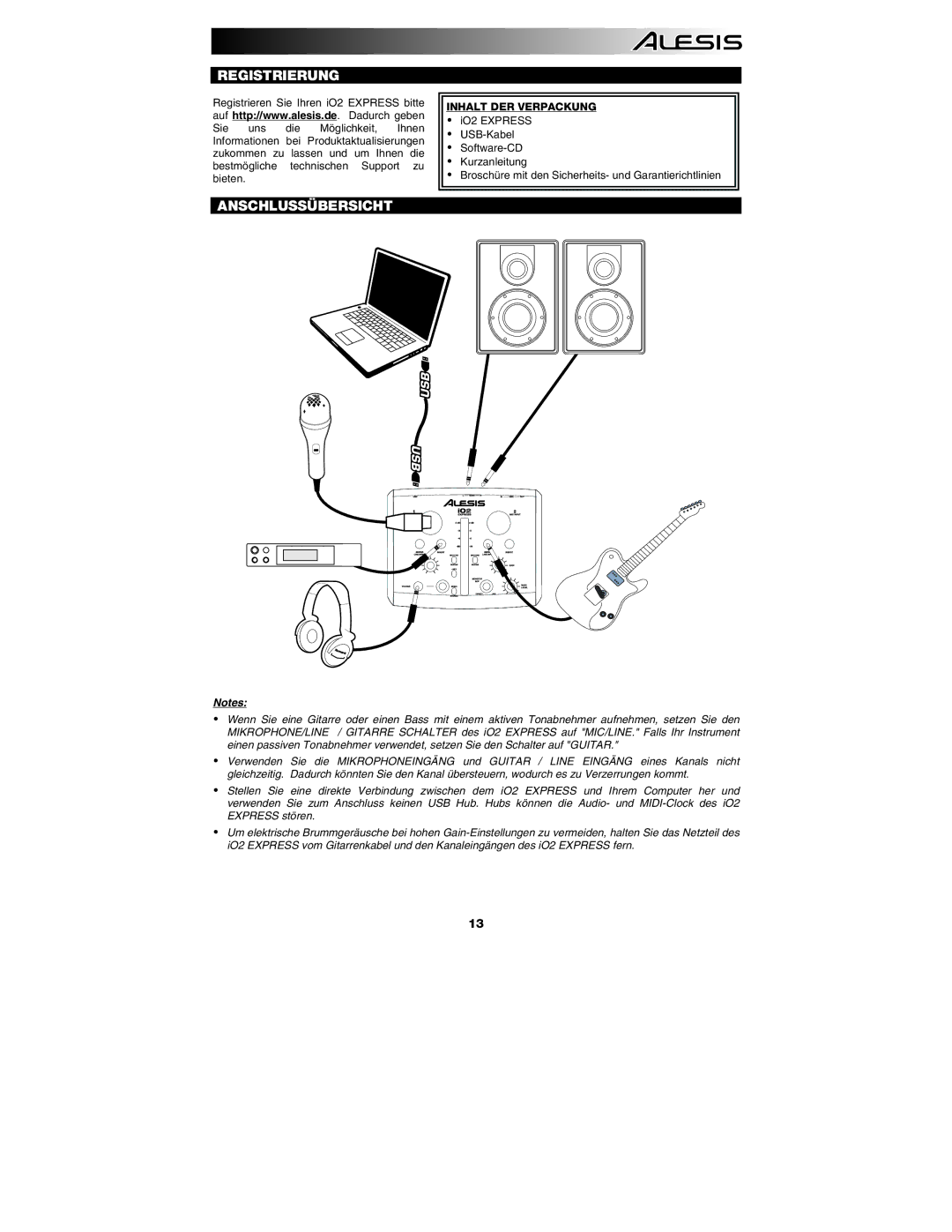 Alesis i02 quick start Registrierung Anschlussübersicht, Inhalt DER Verpackung 