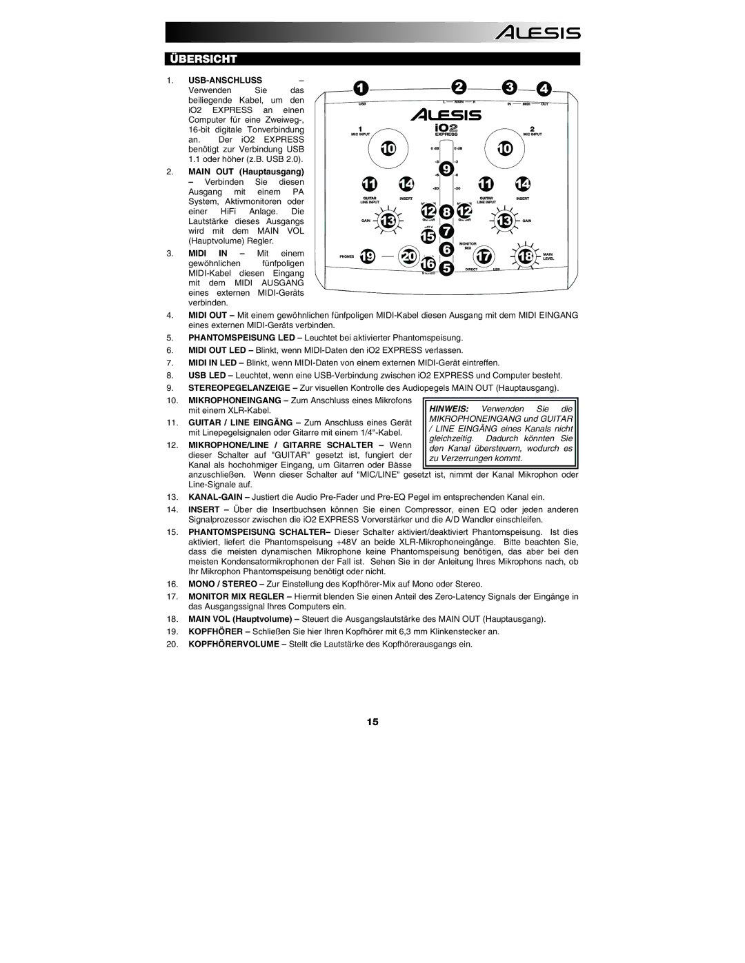 Alesis i02 quick start Übersicht, Usb-Anschluss, Main OUT Hauptausgang, Midi in Mit einem 