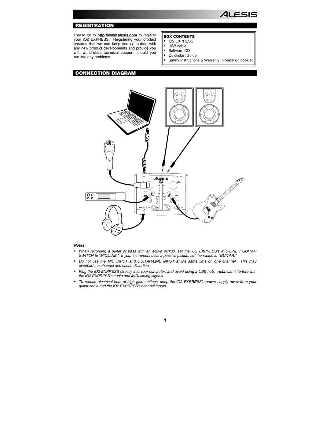 Alesis i02 quick start Registration Connection Diagram, BOX Contents 