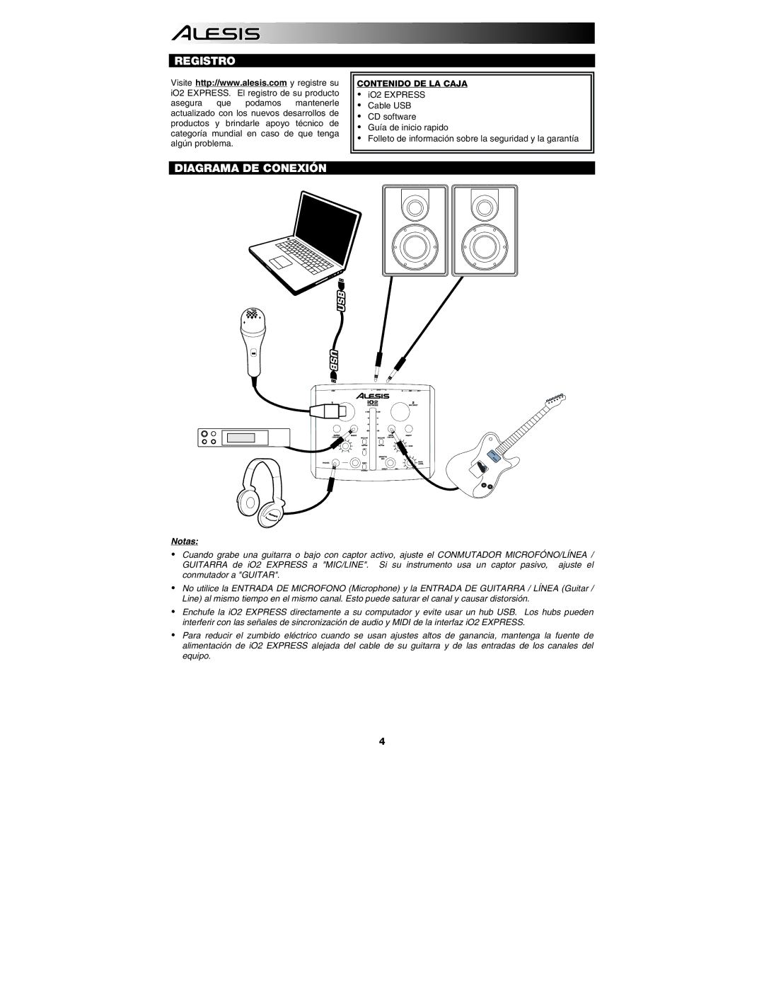 Alesis i02 quick start Registro Diagrama DE Conexión, Contenido DE LA Caja 