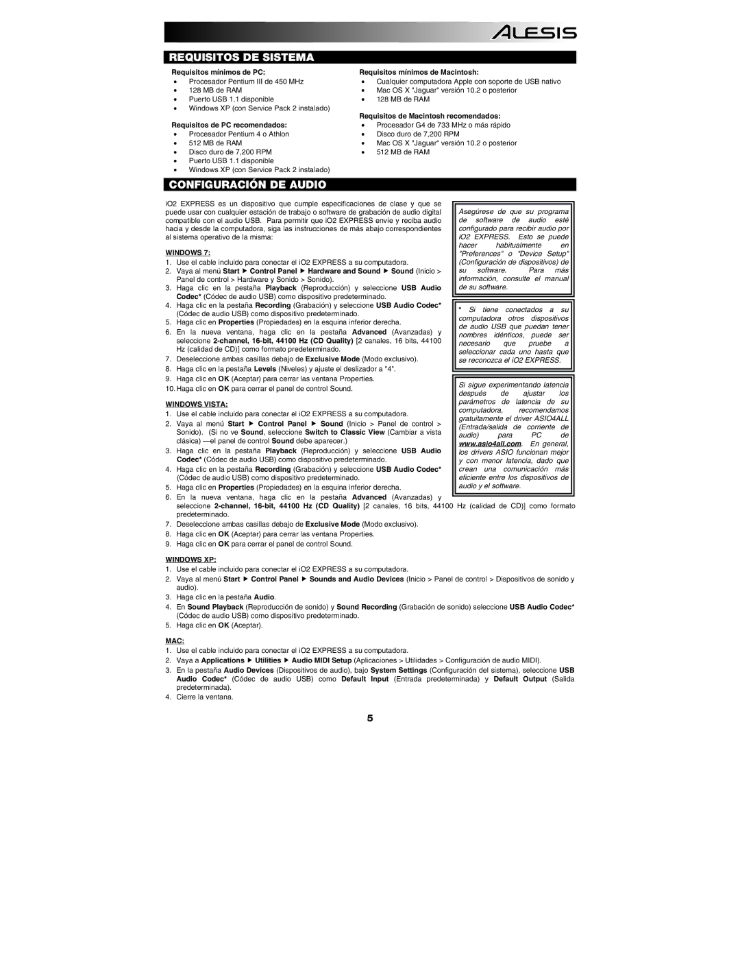 Alesis i02 quick start Requisitos DE Sistema, Configuración DE Audio 