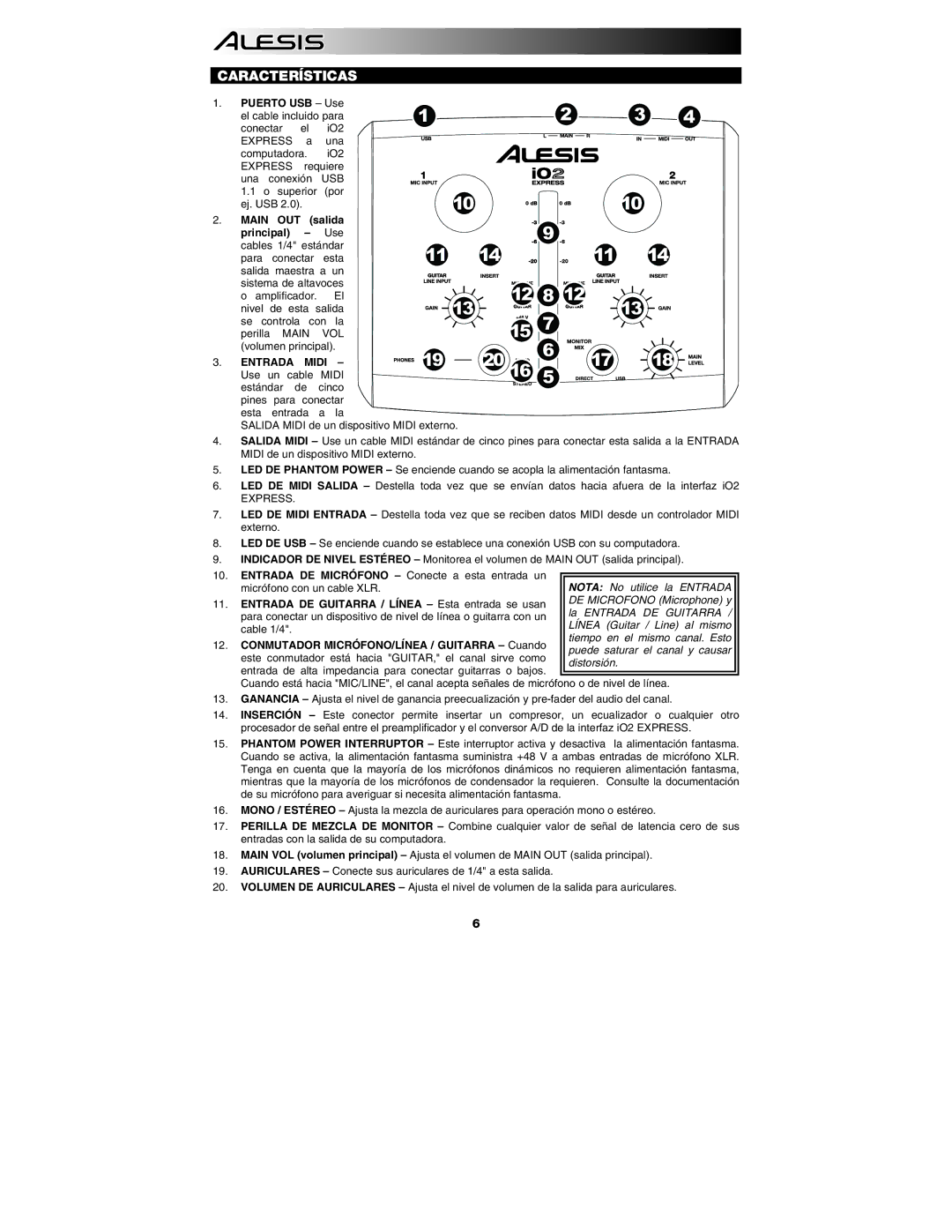 Alesis i02 quick start Características, Puerto USB Use, Main OUT, Salida Principal, Entrada Midi 