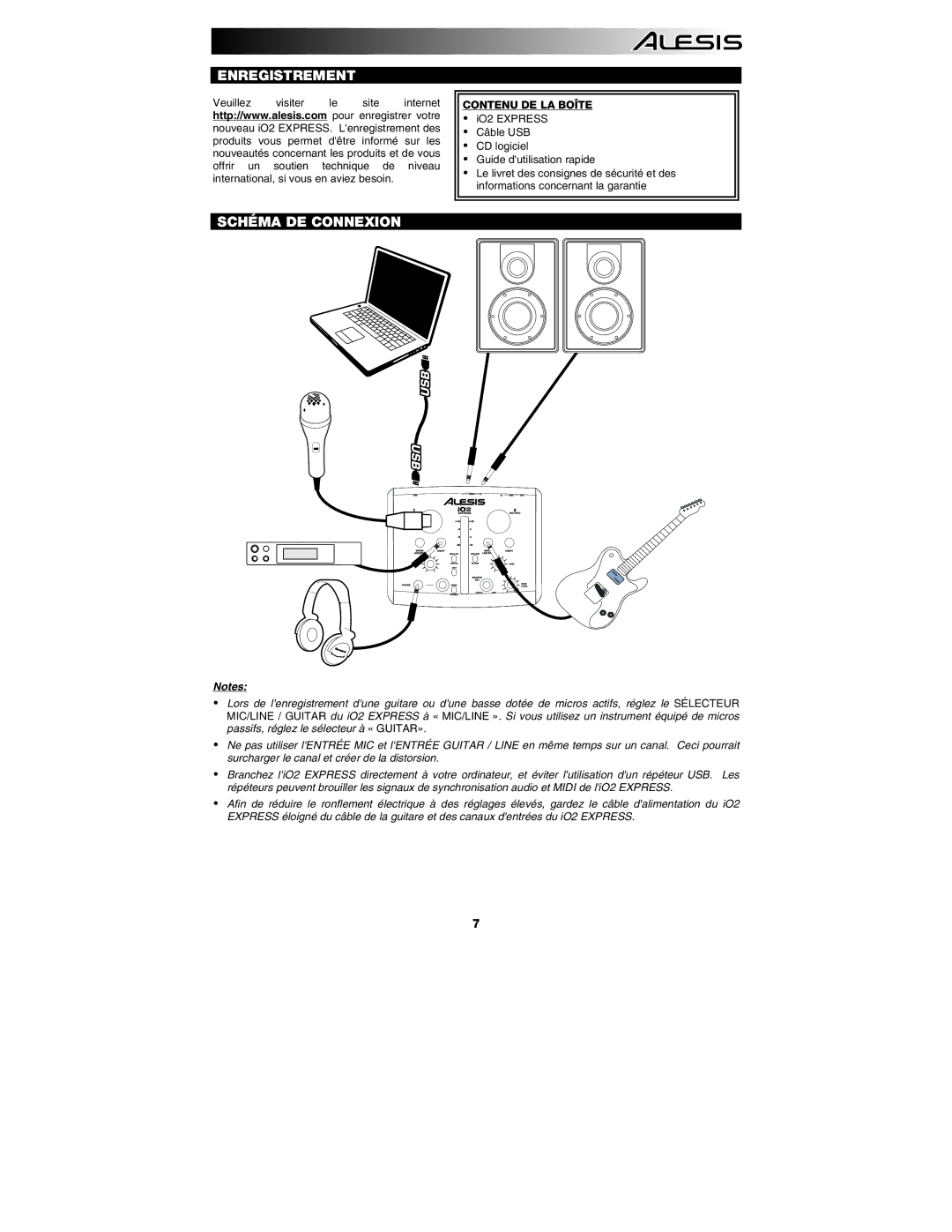 Alesis i02 quick start Enregistrement Schéma DE Connexion, Contenu DE LA Boîte 