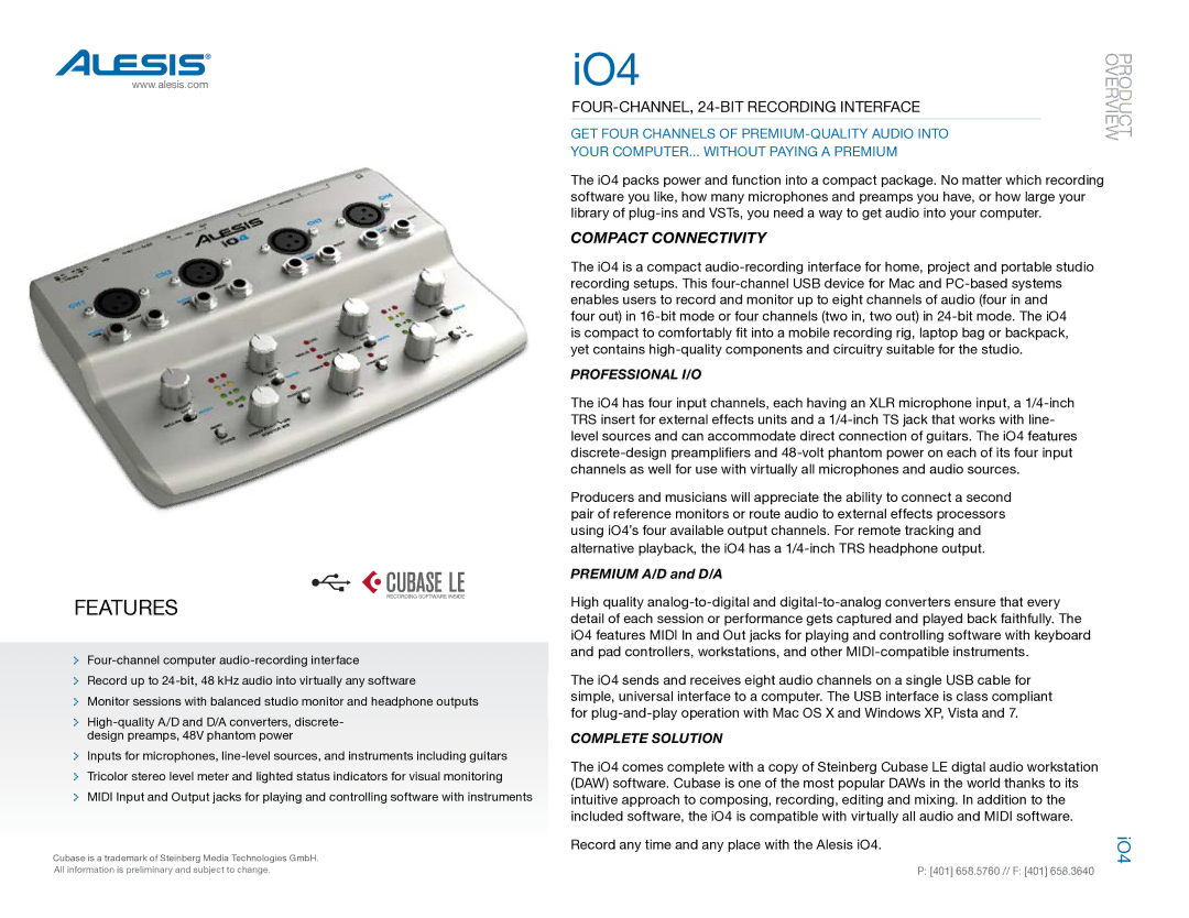 Alesis i04 manual IO4, Features, Four-Channel, 24-Bit Recording Interface, Compact Connectivity 