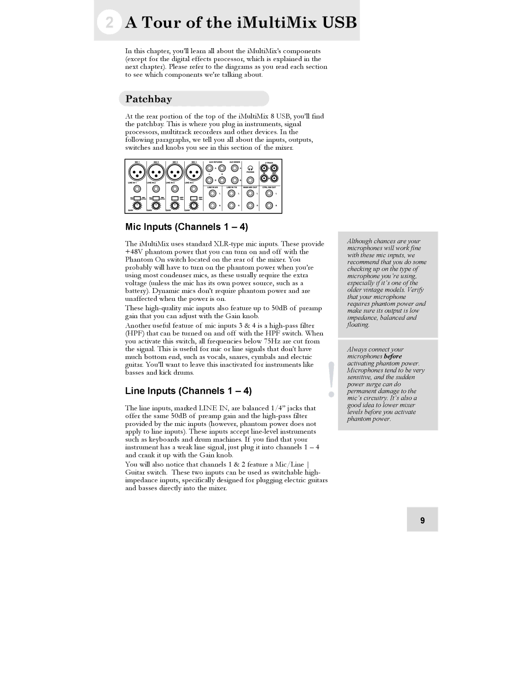 Alesis iMultiMix 8 USB manual Tour of the iMultiMix USB, Patchbay, Mic Inputs Channels 1, Line Inputs Channels 1 