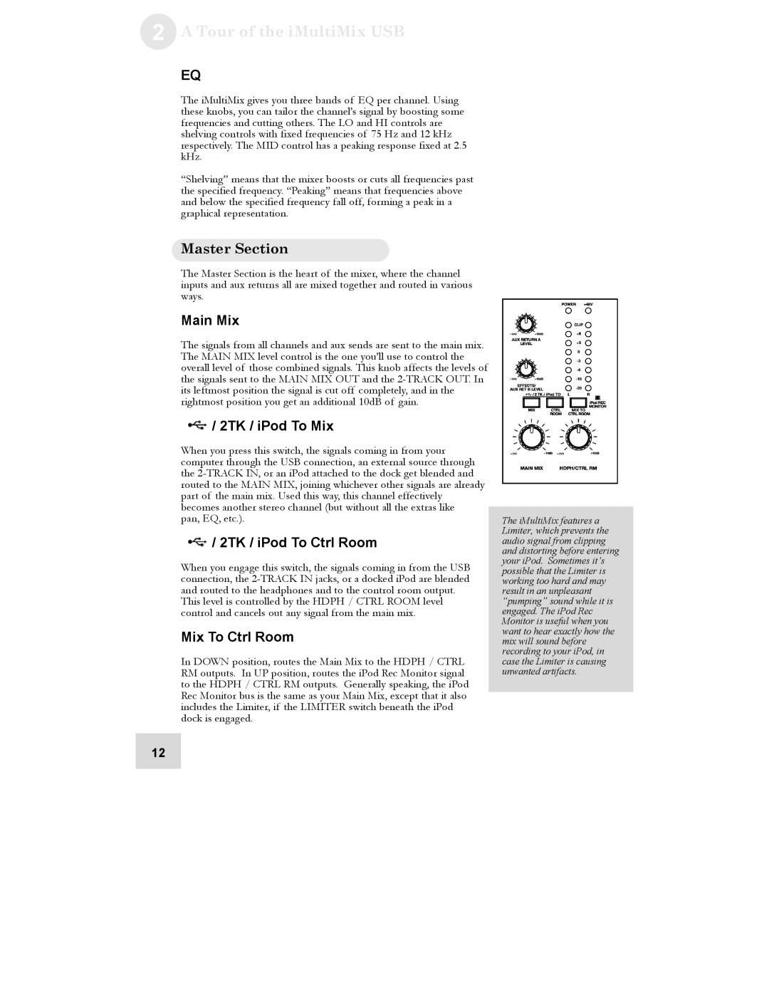 Alesis iMultiMix 8 USB manual Master Section, Main Mix, 2TK / iPod To Mix, 2TK / iPod To Ctrl Room, Mix To Ctrl Room 