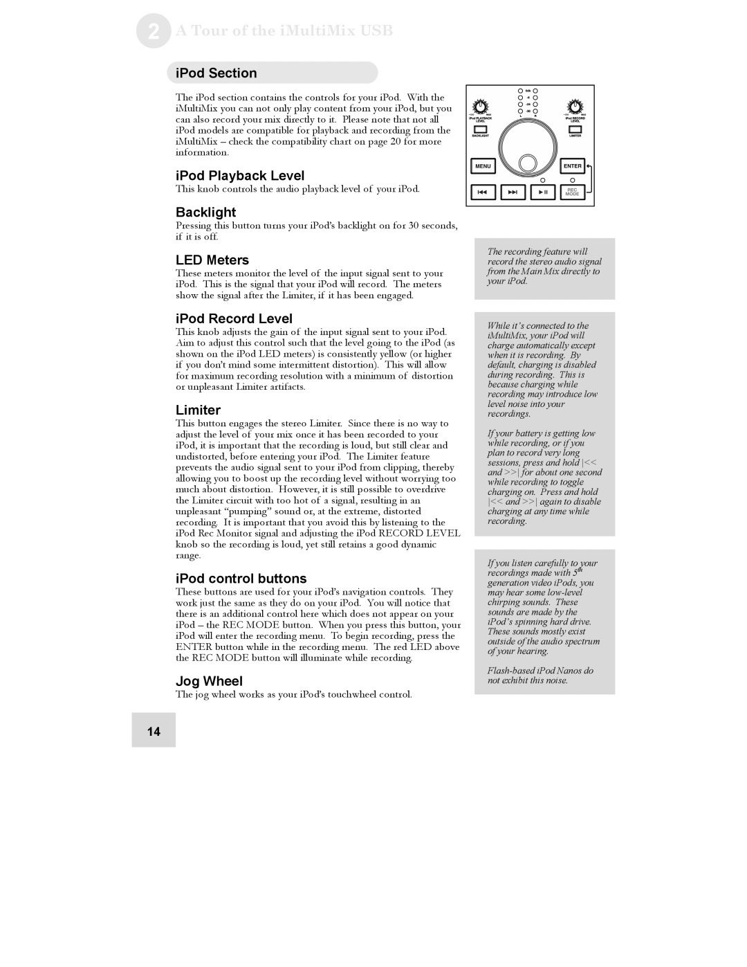 Alesis iMultiMix 8 USB IPod Section, IPod Playback Level, Backlight, IPod Record Level, Limiter, IPod control buttons 