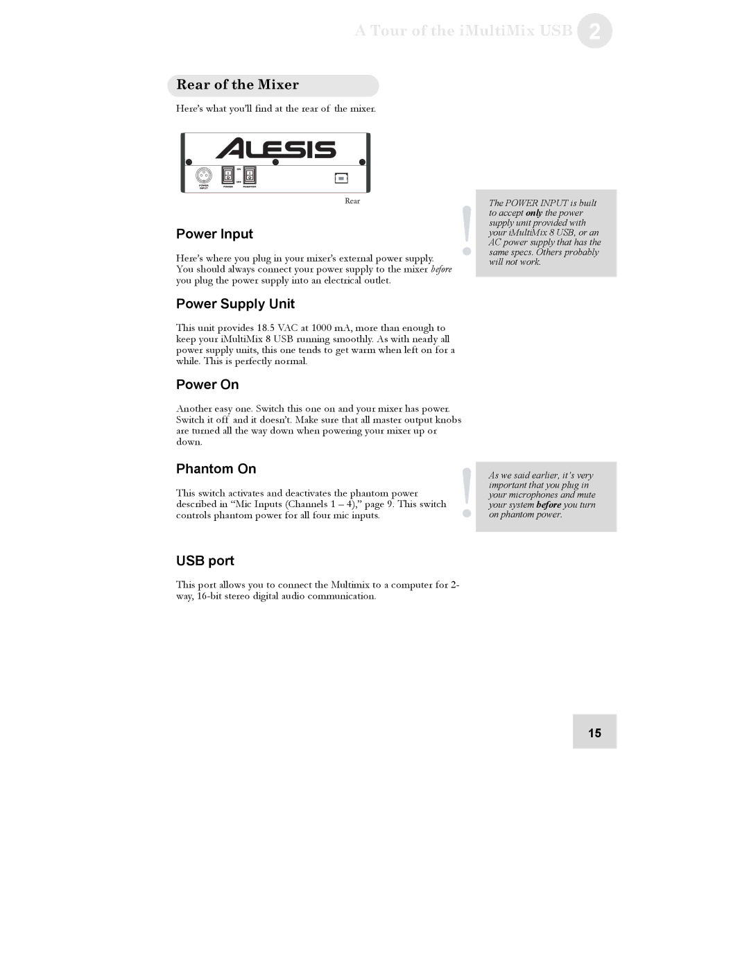 Alesis iMultiMix 8 USB manual Rear of the Mixer 