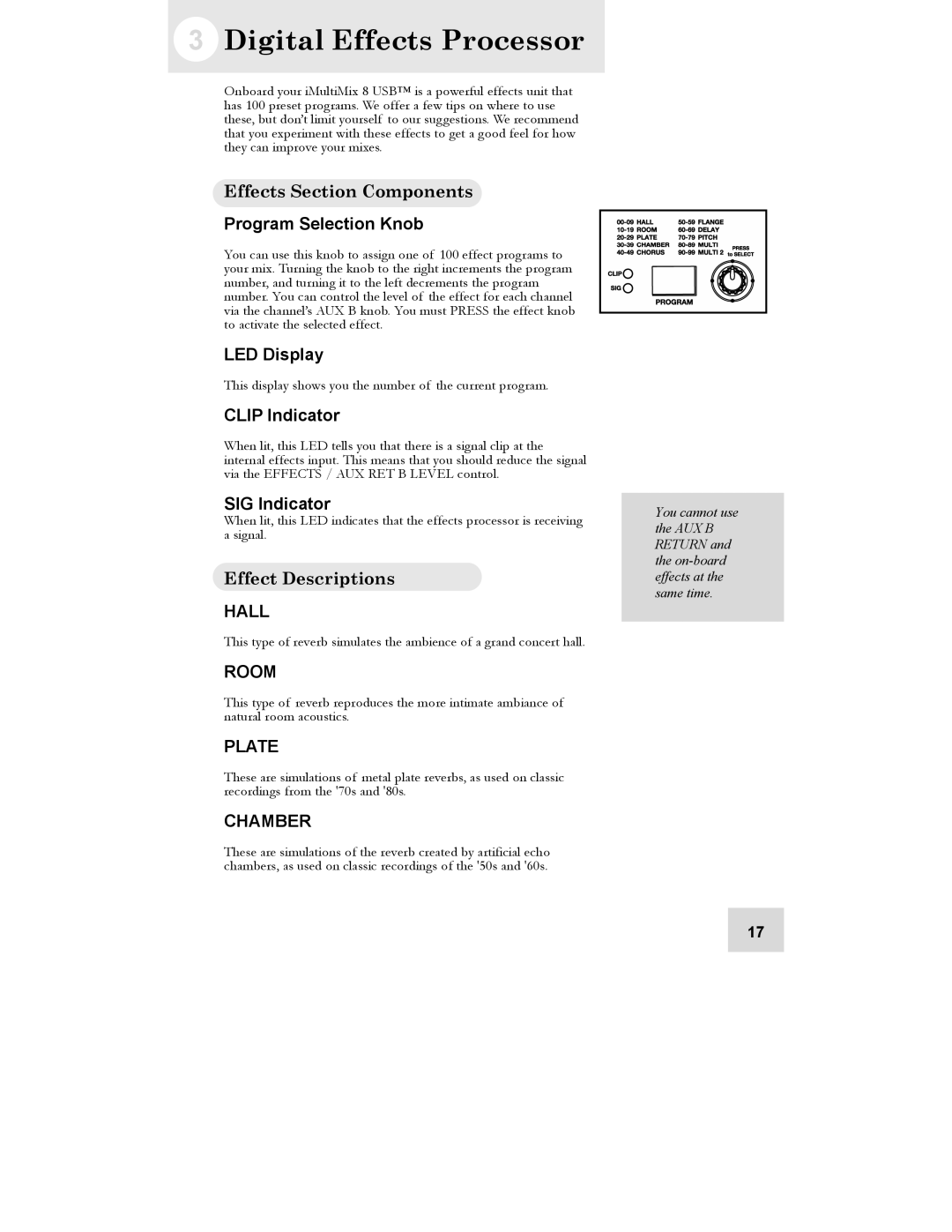 Alesis iMultiMix 8 USB manual Digital Effects Processor, Effects Section Components, Effect Descriptions 