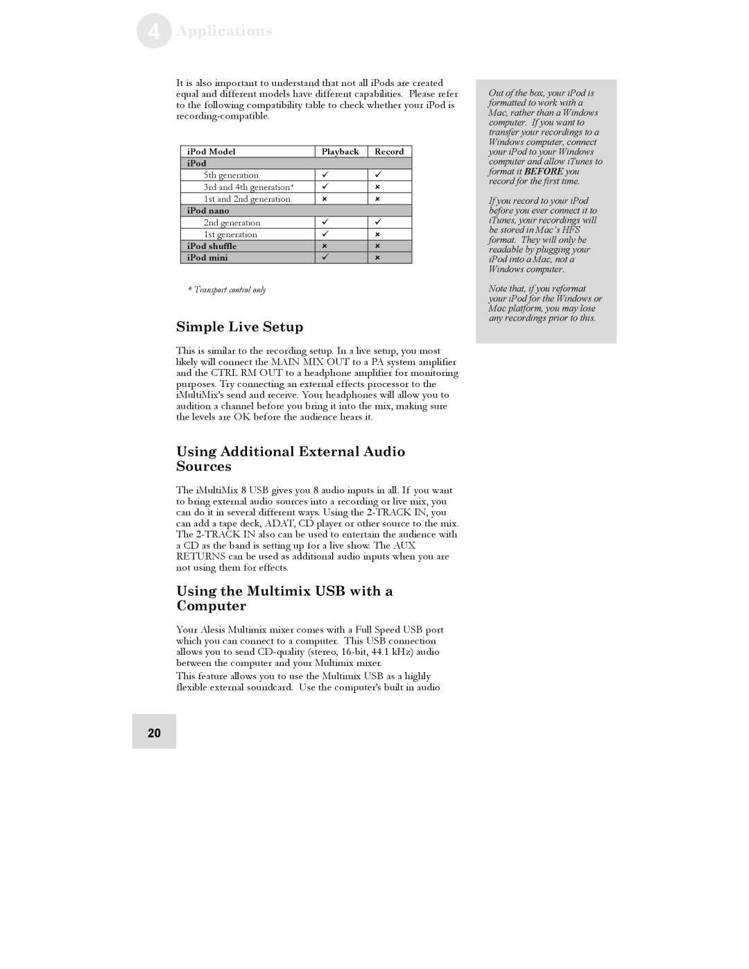 Alesis iMultiMix 8 USB manual Applications, Simple Live Setup, Using Additional External Audio Sources 