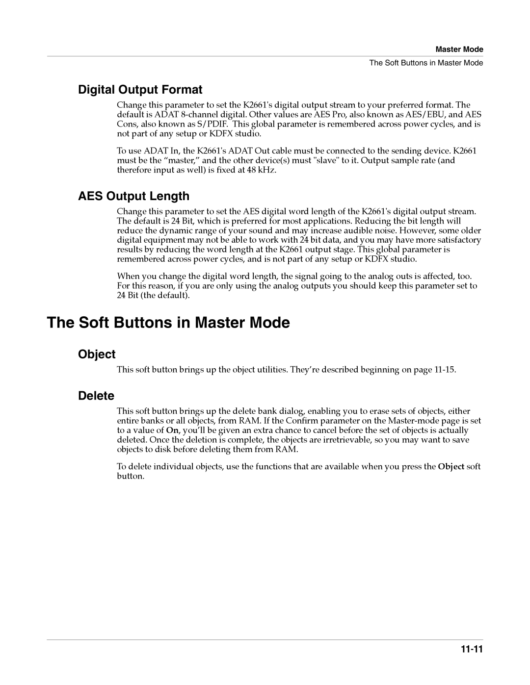 Alesis K2661 specifications Soft Buttons in Master Mode, Digital Output Format, AES Output Length, Object, Delete 