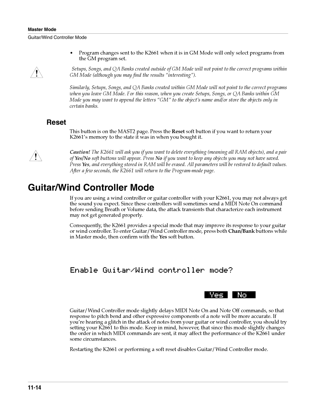 Alesis K2661 specifications Guitar/Wind Controller Mode, Reset, EnableGuitar/Windcontrollermode? YesNo, 11-14 