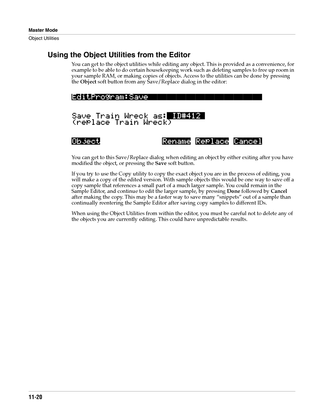 Alesis K2661 specifications Using the Object Utilities from the Editor, SaveTrainWreckasID#412 ReplaceTrainWreck, 11-20 