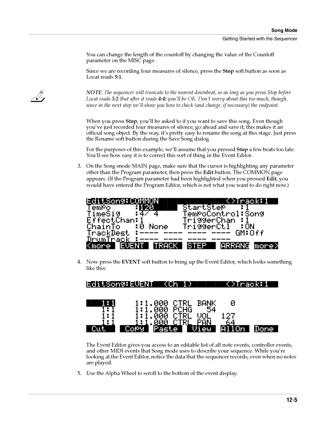 Alesis K2661 EditSongCOMMONTrack1, MoreEVENTTRACKSTEPARRANGmore, EditSongEVENTCh1Track1, CutCopyPasteViewAllOnDone, 12-5 