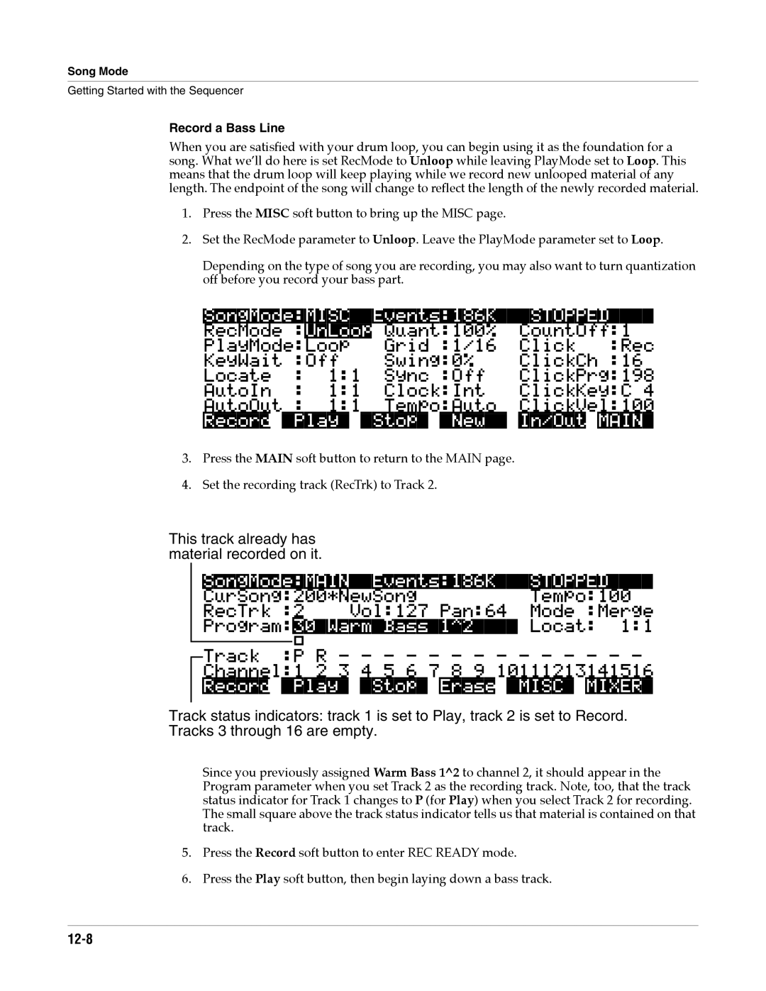 Alesis K2661 specifications 12-8, Record a Bass Line 