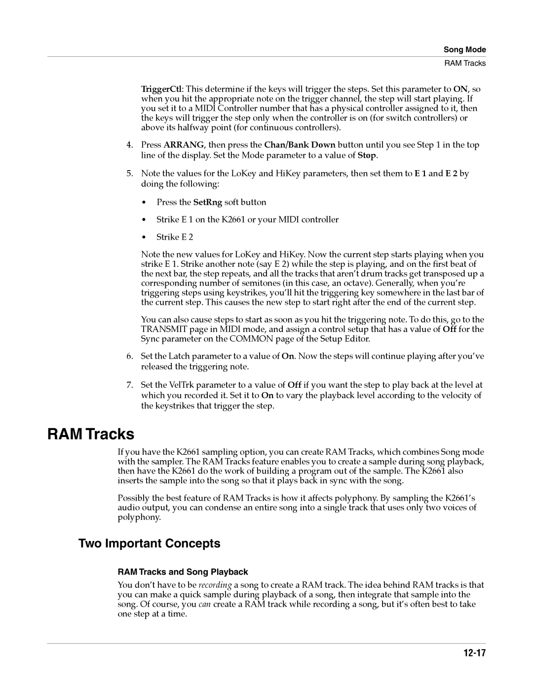 Alesis K2661 specifications Two Important Concepts, 12-17, RAM Tracks and Song Playback 