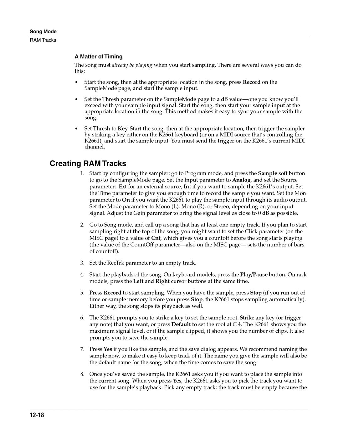 Alesis K2661 specifications Creating RAM Tracks, 12-18, Matter of Timing 