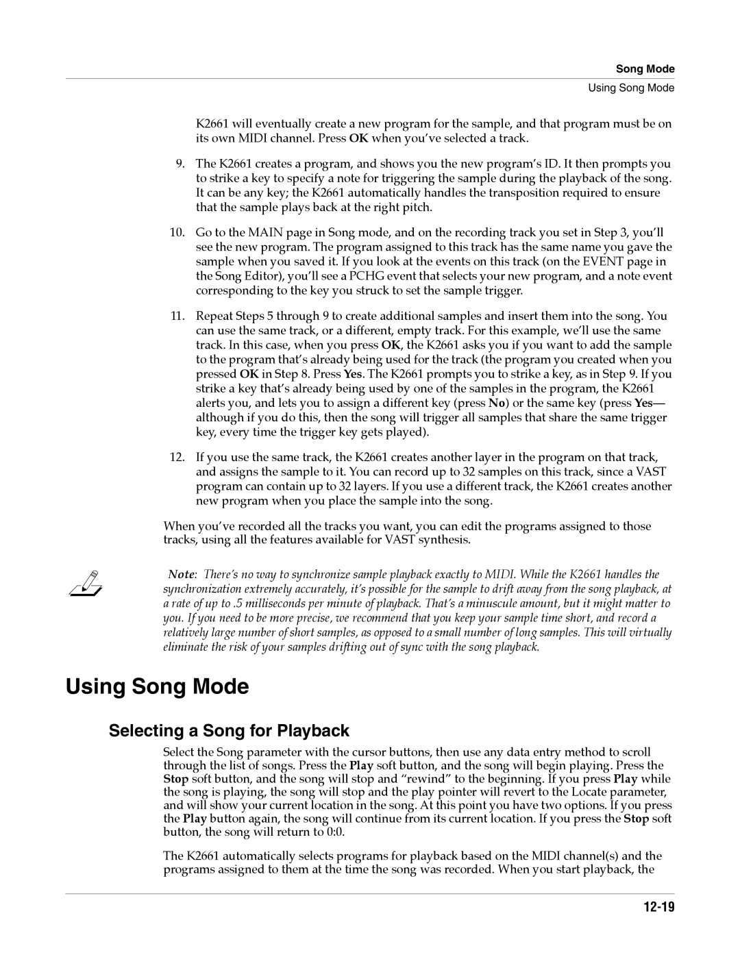 Alesis K2661 specifications Using Song Mode, Selecting a Song for Playback, 12-19 